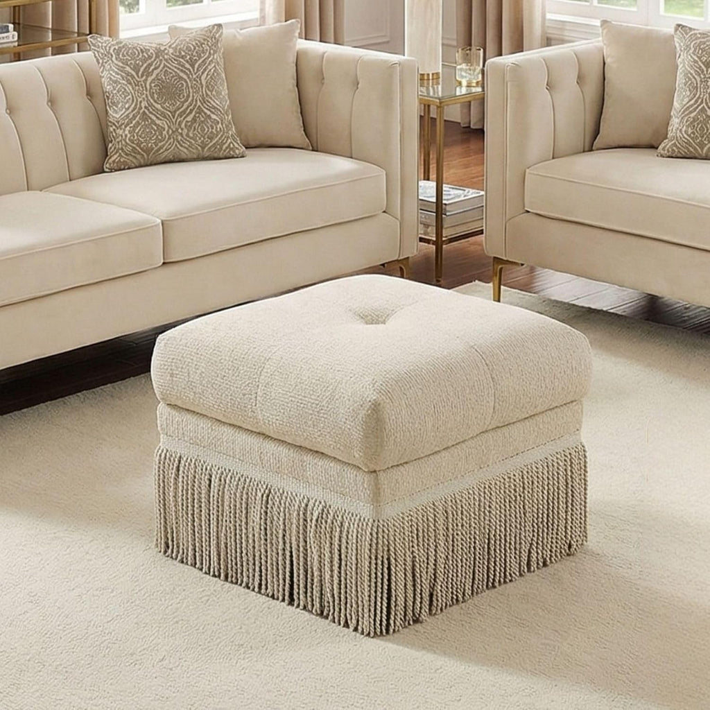 Hyfirm 22 Inch Square Beige Ottoman with Fringe for Living Room, Plush Modern Boho Upholstered Accent Pouf Ottomans Foot Rest for Bedroom, Footstool Ottoman End of Bed
