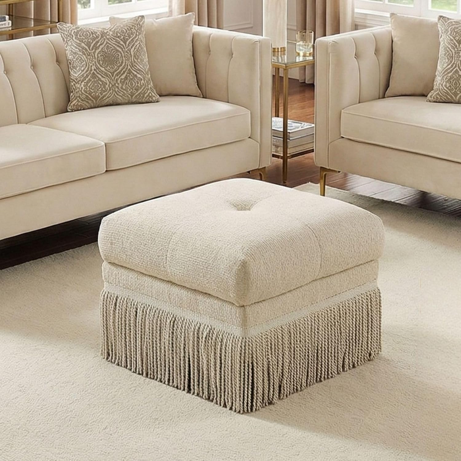 Hyfirm 22 Inch Square Beige Ottoman with Fringe for Living Room, Plush Modern Boho Upholstered Accent Pouf Ottomans Foot Rest for Bedroom, Footstool Ottoman End of Bed