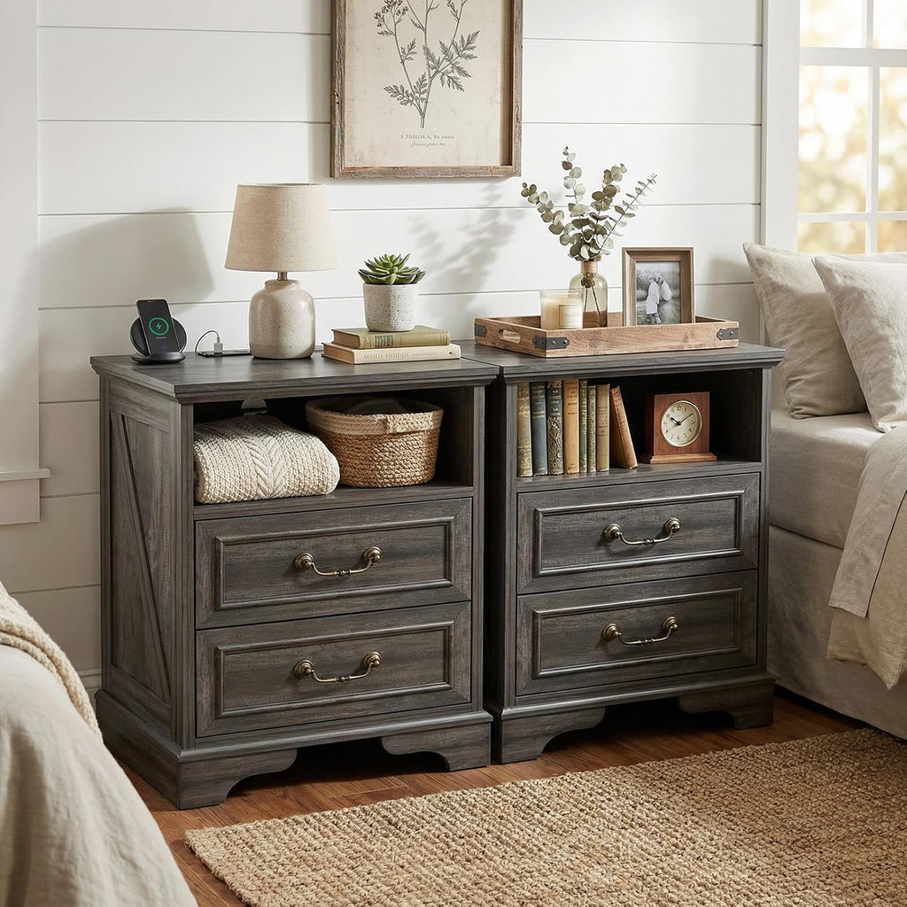Farmhouse End Table with Charging Station, Rustic Wood Nightstand with 2 Large Drawers & Open Storage, Bedside Table with USB-C Ports for Living Room Bedroom (Gray Oak)