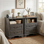 Farmhouse End Table with Charging Station, Rustic Wood Nightstand with 2 Large Drawers & Open Storage, Bedside Table with USB-C Ports for Living Room Bedroom (Gray Oak)