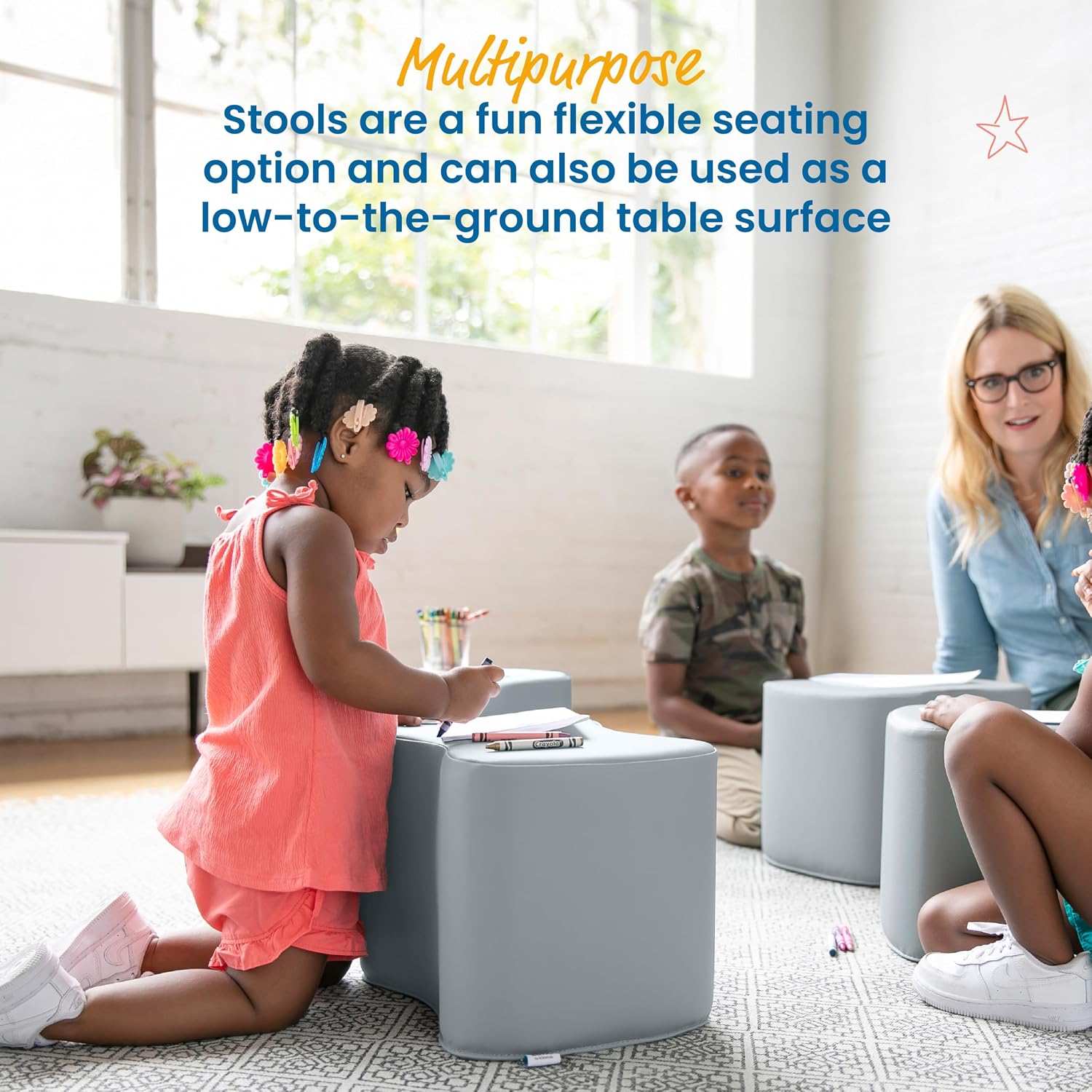 ECR4Kids SoftZone Toddler Modular Stool Seating Set, Classroom Furniture, Grey, 2-Pack