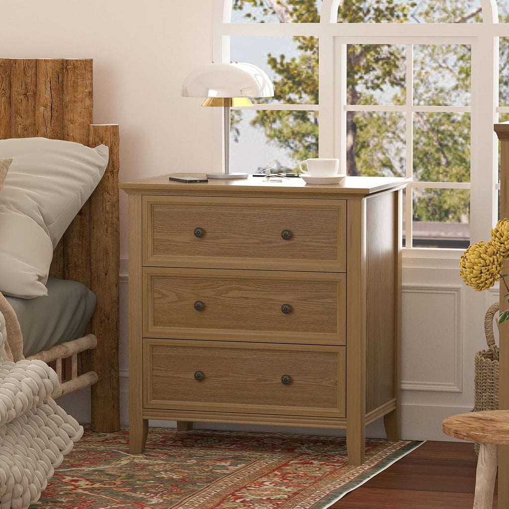 IKENO Solid Wood Nightstand Set of 2，Bed Side Table with Charging Station, Farmhouse Night Stand with 3 Storage Drawers for Bedroom, 27.6" W x 16.8" D x 26.8" H, Teak