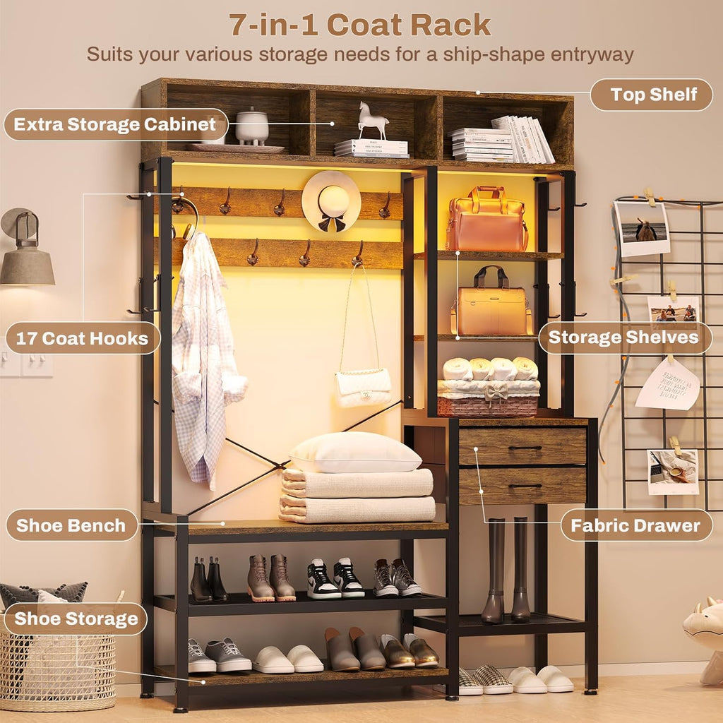 Itaar Hall Tree with Bench and Shoe Storage, 7-in-1 Entryway Bench with Coat Rack, 3 Storage Cubbies, 3 Open Shelves, 17 Coat Hooks, 2 Fabric Drawers (Rustic Brown)