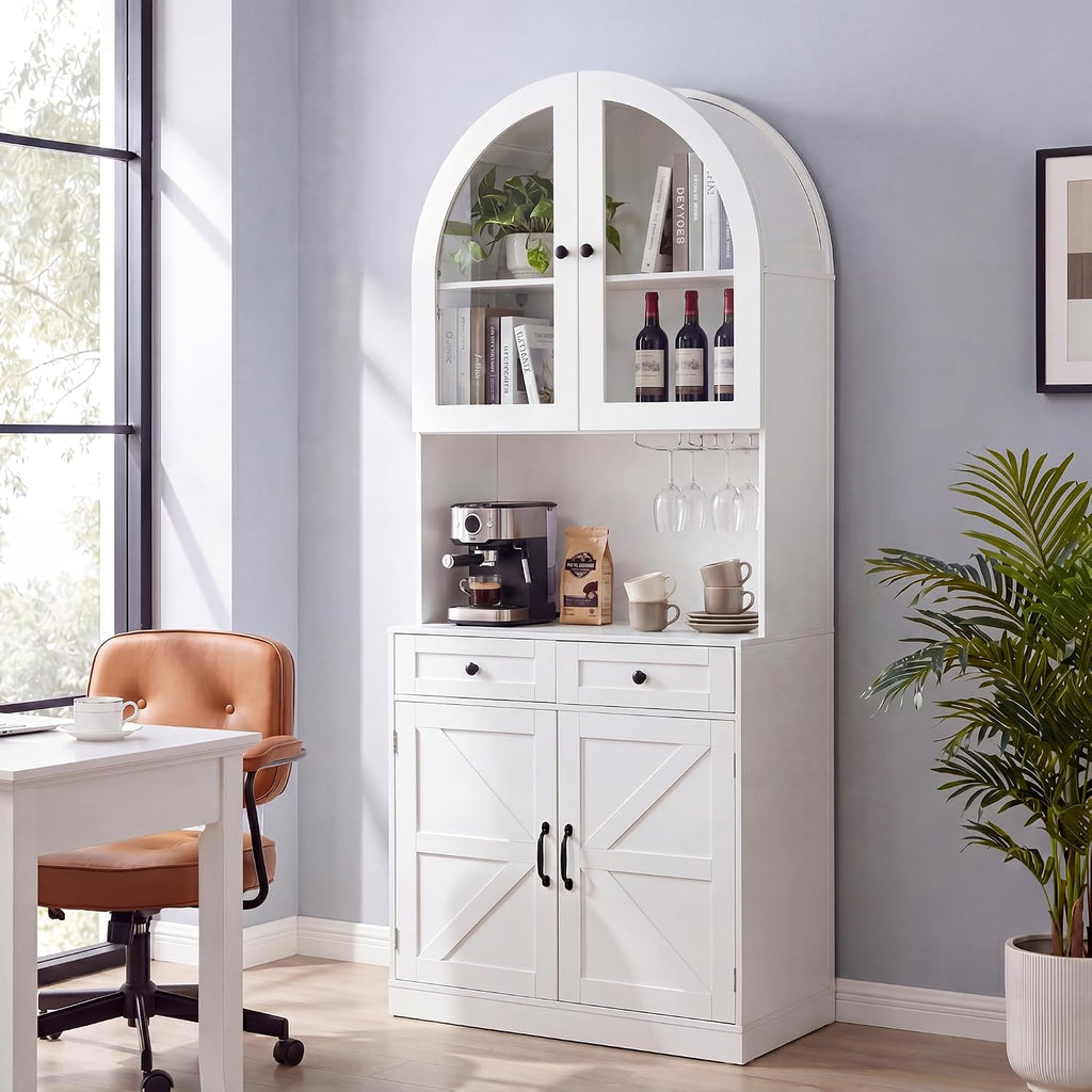 75" Tall Arched Kitchen Pantry Cabinet with Charging Station, Farmhouse Hutch Storage Cabinet with 5-Tier Shelves and 2 Drawers, Home Bar White Cupboard for Kitchen, Dining Room, Living Room(White)