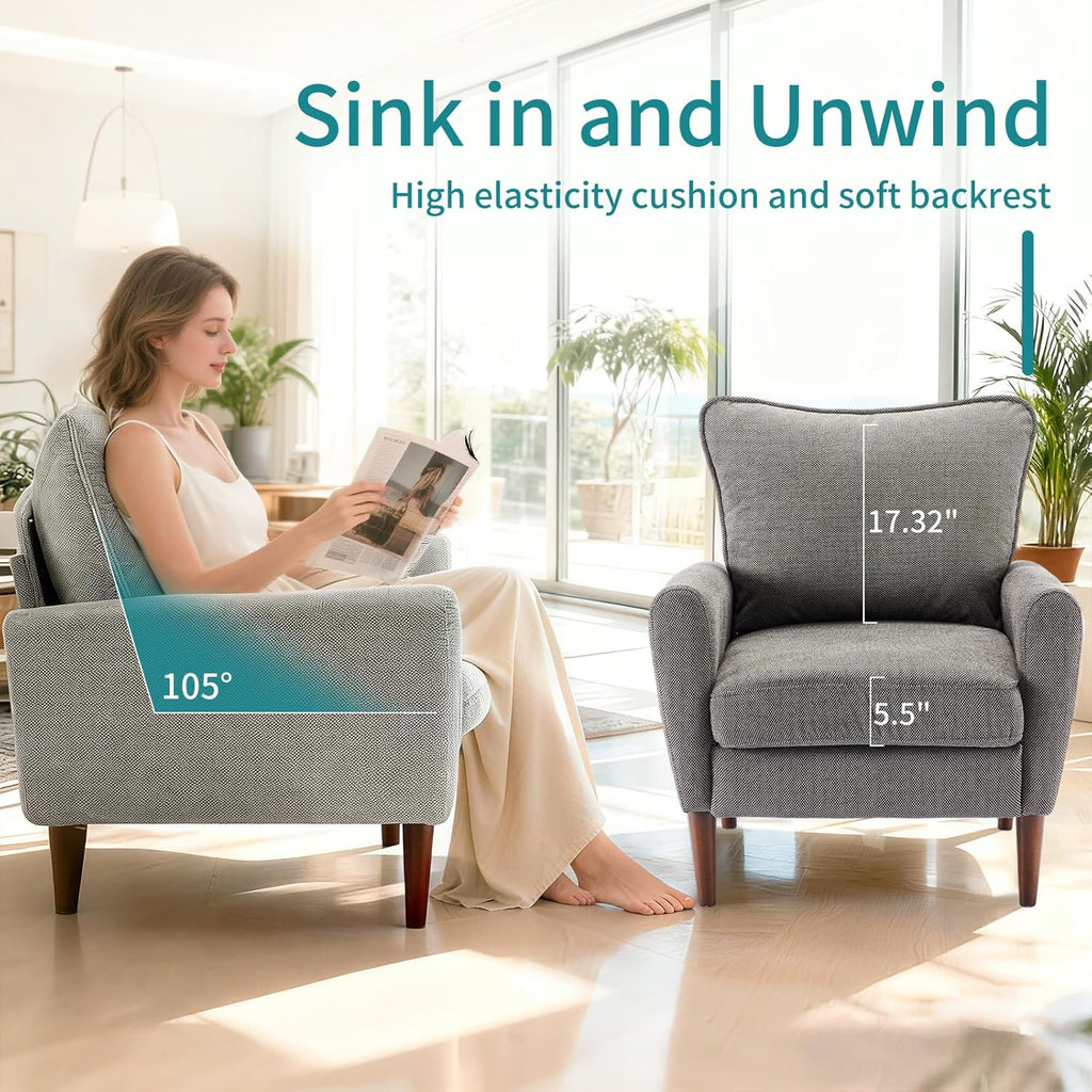 OLIXIS Comfy Accent Chair for Living Room Bedroom and Waiting Room, Upholstered Mid-Century Reading Chair with Pillow and Solid Wood Legs, Wide Singe Modern Lounge Sofa, Gray