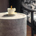 Round End Table with Mars Pattern for Living Room, Modern Drum Circle Side Table for Small Space, Nightstand Sofa Table for Bedroom, No Need Assembly, Stone Grey