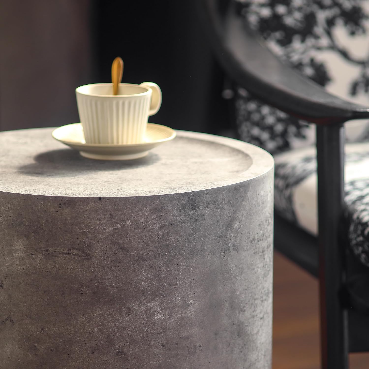 Round End Table with Mars Pattern for Living Room, Modern Drum Circle Side Table for Small Space, Nightstand Sofa Table for Bedroom, No Need Assembly, Stone Grey