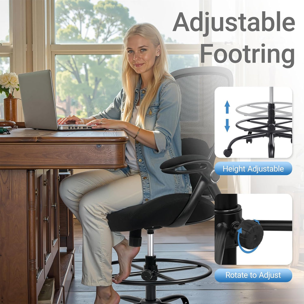 HYLONE 400lbs Big and Tall Heavy Duty Drafting Chair 5" Thickened Seat Tall Office Chair Flip-Up Armrests Ergonomic Chair with Lumbar Support and Adjustable Footrest Ring Standing Desk Chair (Black)