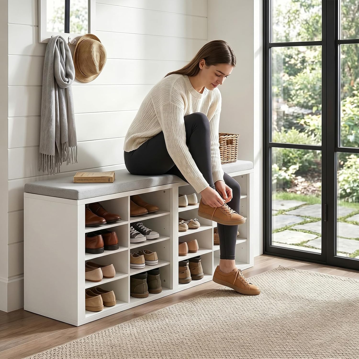 Shoe Storage Bench with Cushion Shoe Rack for Entryway 16 Cubby Multifunctional Organizer Bench Entryway with Soft Sponge Cushion for Hallway Living Room Bedroom (White & Light Gray)