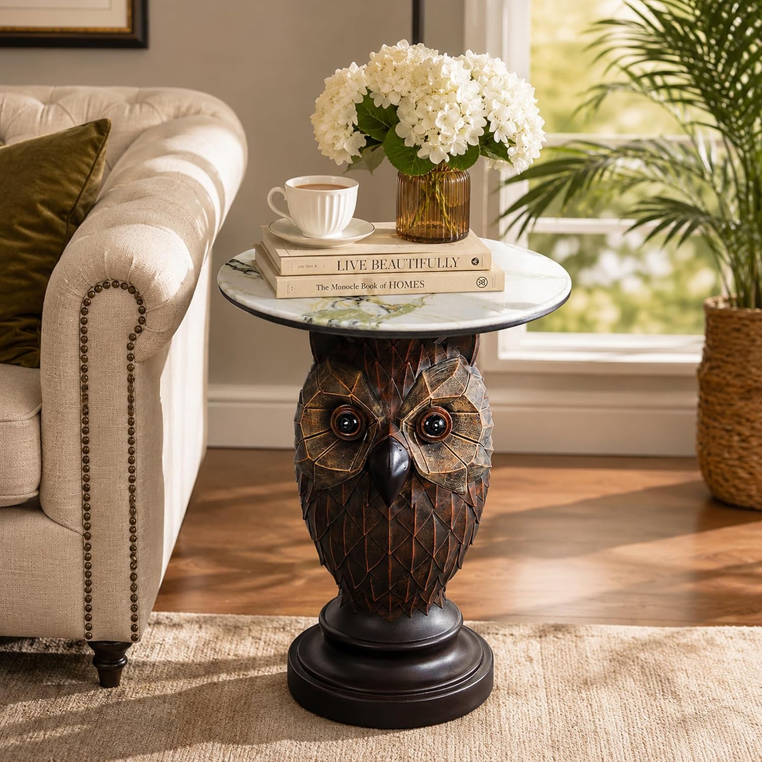 Rustic Brown Owl Accent Table - 22.83" Geometric Owl Sculpture Side Table with 17.72" Round Marble Pattern Top, Decorative Bird Statue Nightstand for Cottage & Lodge Style Interiors, 24.25 LBS