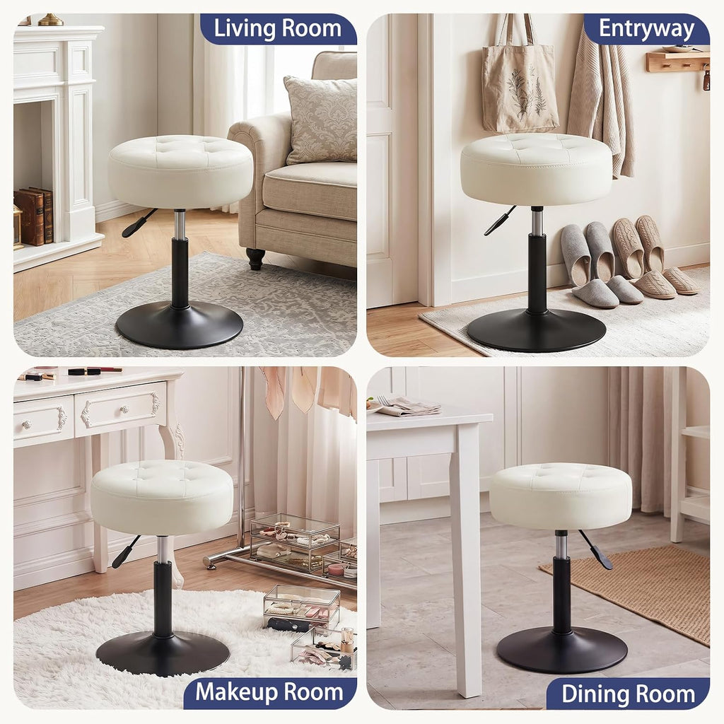 Furniliving Adjustable Swivel Vanity Stool, Makeup Ottoman Stool, PU Leather Chair for Makeup Room, Small Makeup Stool for Vanity, Bedroom, Living Room, White