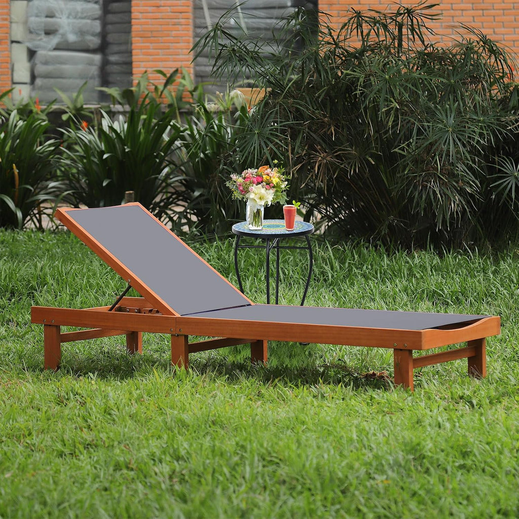 Tangkula Wood Lounge Chair Outdoor Set of 2, Patio Chaise Lounger with 5 Position Adjustable Back, Eucalyptus Wood Reclining Lounge Chair with Breathable Fabric for Poolside Lawn Backyard (Grey)