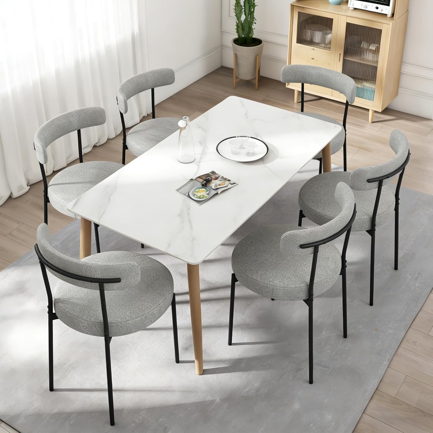 Boucle Dining Chairs Set of 2, Round Kitchen Chairs with Curved Backrest and Metal Legs, Upholstered Modern Style, Suitable for Living Room
