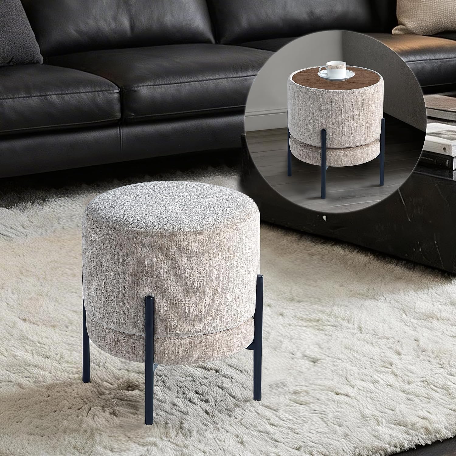 Get Set Style Multifunctional Ottoman with Side Table, Soft Round Footrest Stool,Vanity Stool with Metal Legs, Modern Decorative Furniture Vanity Chair for Makeup Room, Bedroom, Living Room