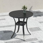 Metal 27.5" Small Outdoor Patio Round Dining Table with Black Slat Top | Black Slat Top, Black Frame, All Weather, No Umbrella Hole, 2 Person Use, Weather-Resistant