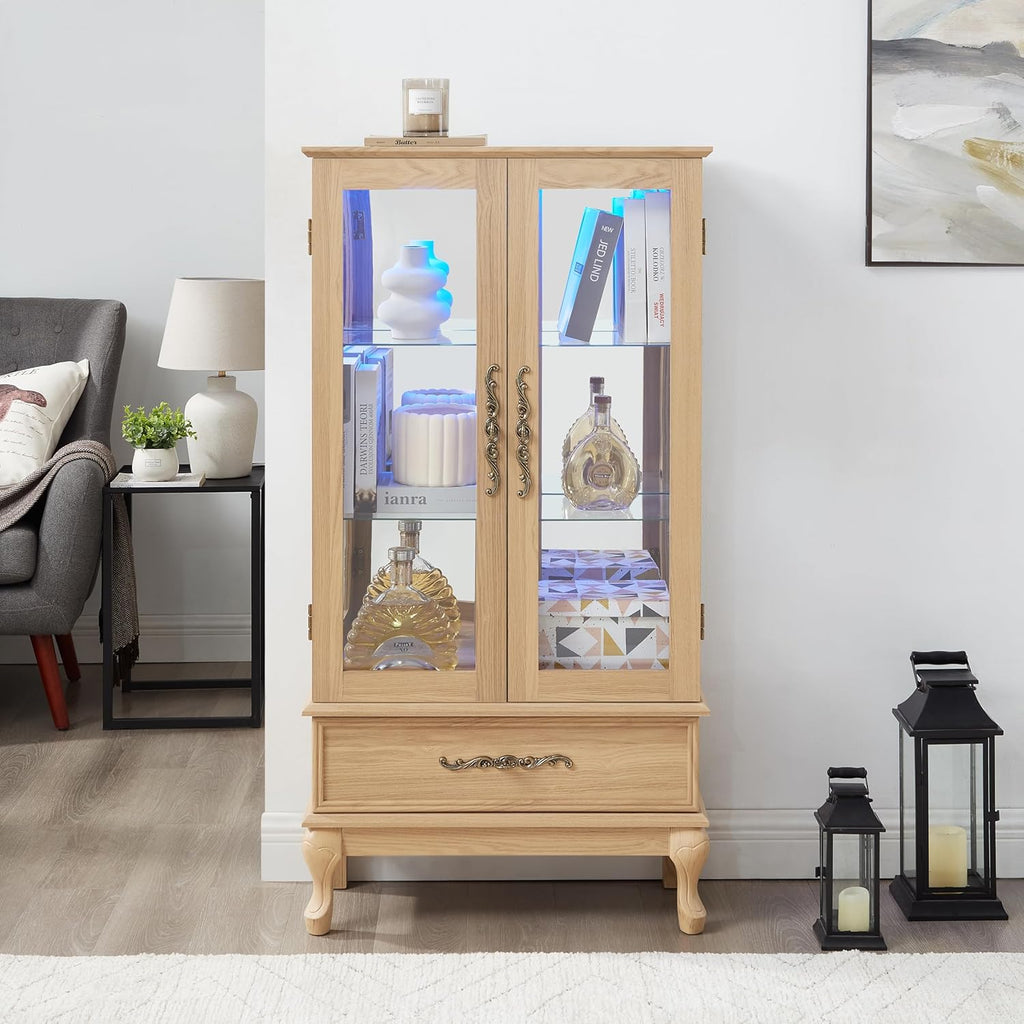 Lighted Curio Cabinet, Glass Display Cabinet, Light Oak Display Cabinet with Mirrored Back, Adjustable Shelves, 2 Glass Doors, 1 Drawer, 47.44 Inch High