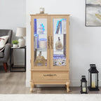 Lighted Curio Cabinet, Glass Display Cabinet, Light Oak Display Cabinet with Mirrored Back, Adjustable Shelves, 2 Glass Doors, 1 Drawer, 47.44 Inch High