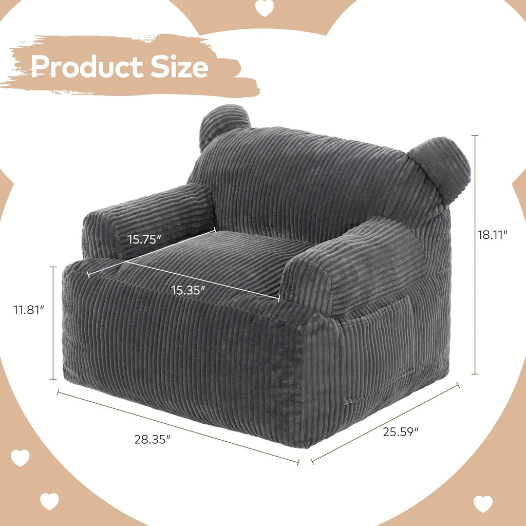 Kids Bear Ear Bean Bag Chair, Stuffed Toddler Sofa Chair with Pocket, Lazy Floor Chair for Boys and Girls, for Gaming, Reading, Nursery Playroom Bedroom
