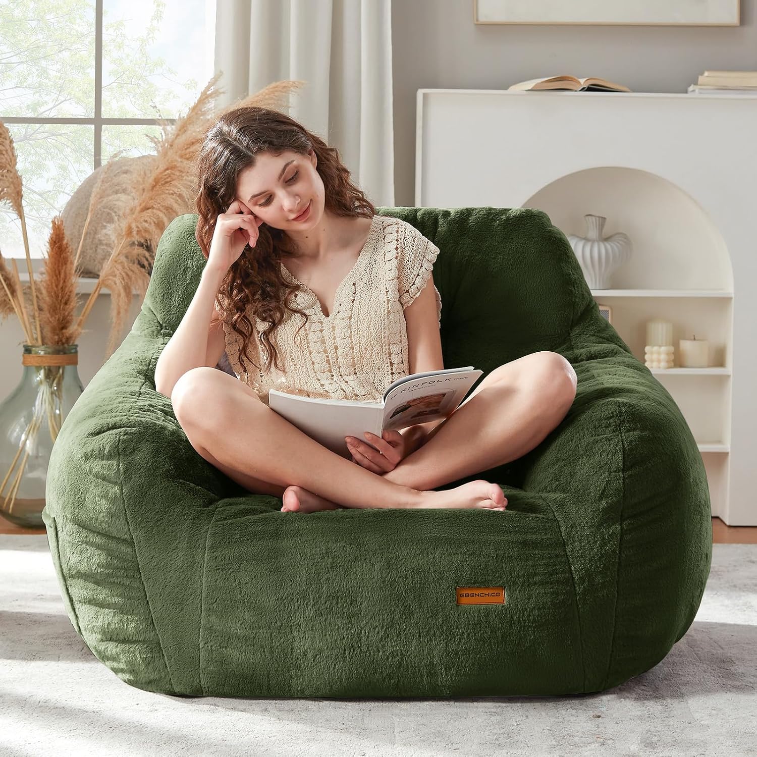 EBENCHICO Giant Bean Bag Chair with Lumbar Pillow & Armrests, Oversized Green Faux Fur Bean Bag Couch with Filler for Adults, Floor Reading Chair for Living Room Bedroom
