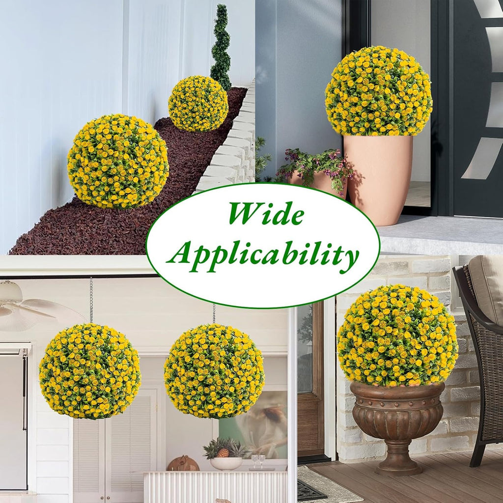 OUTLANE 17.7" Artificial Rose Topiary Balls, 2 PCS Yellow Faux Floral Spheres with Hanging Chains & Zip Ties, Large Fake Flower Balls for Outdoor Porch, Patio, Indoor Wedding Decor