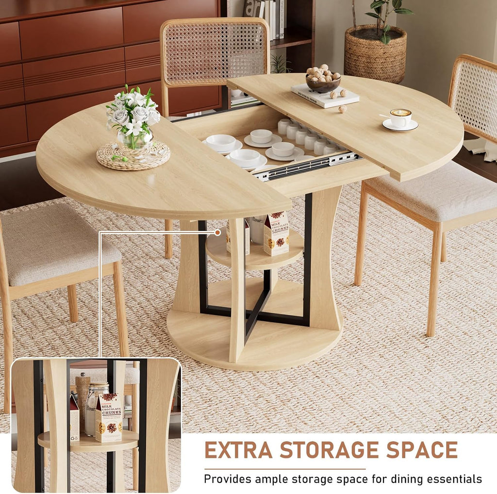 AwayHome 43.3''-59'' Extendable Round Dining Table for 4-8, Modern Kitchen Expandable Dining Table with Storage, Space Saving Circle Oval Kitchen Table with Leaf for Dining Room Living Room