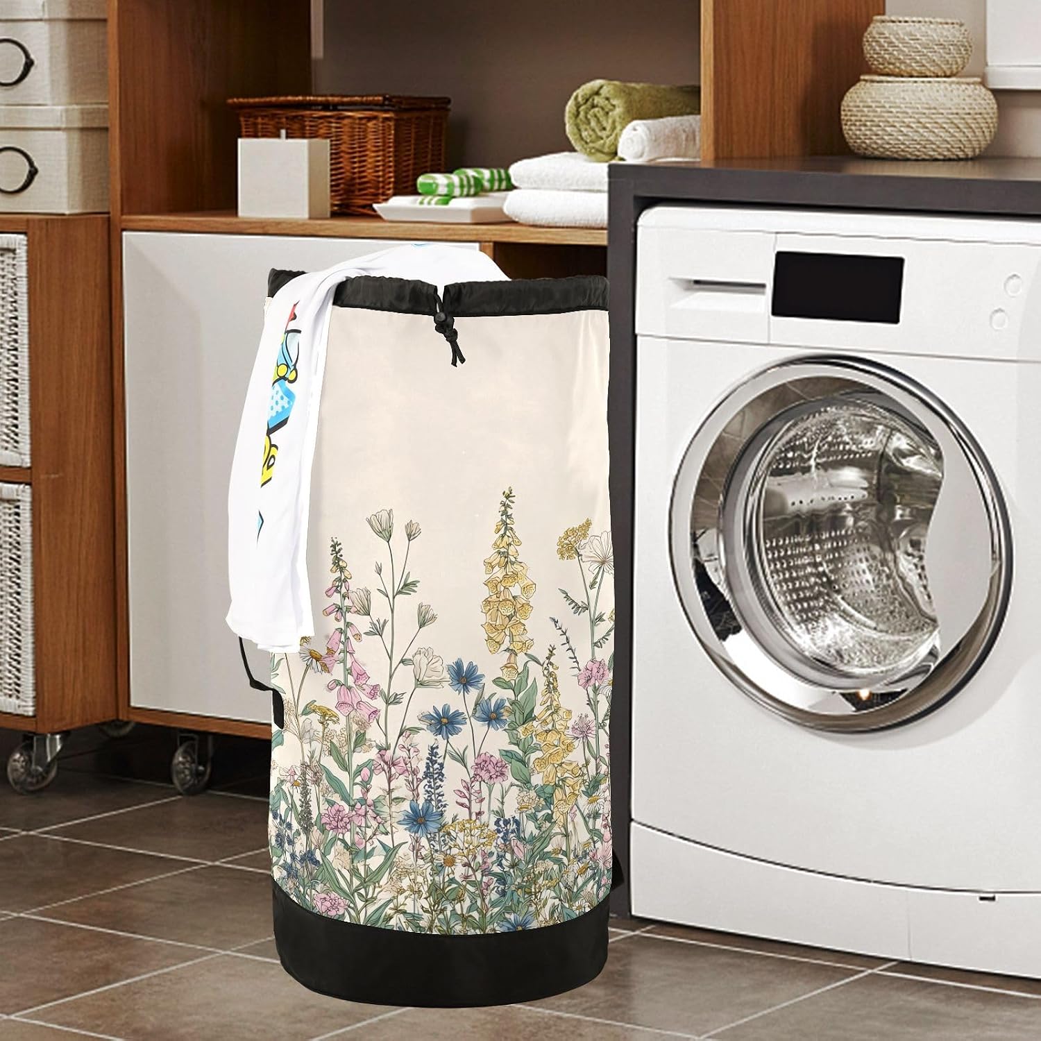 Flower Leaves Beige Laundry Bag Backpack Dirty Clothes Organizer With Strap and Handles Washable for College Travel Camp Dorm Essentials