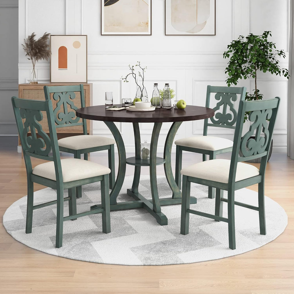 Merax 5 Piece Round Dining Table Set 4 Retro Chairs with Special-Shaped Table Legs, Exquisitely Designed Hollow Chair Back for Dining Room, Antique Blue