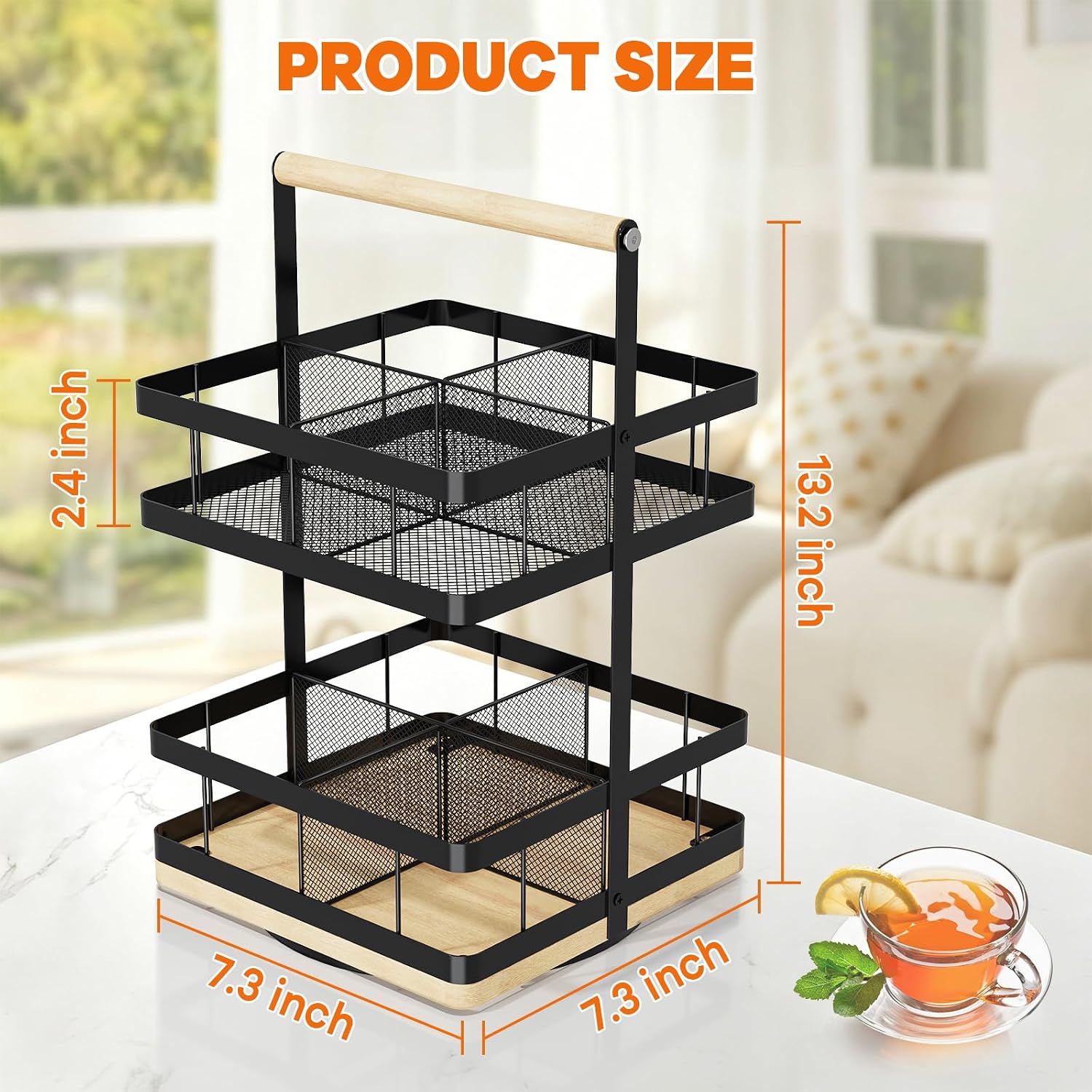 Tea Bag Organizer, 2-Tier 360° Rotating Tea Bag Holder Organizer, 8-Baskets Tea Holder Accessories Holds 120+ Tea Bags, Gift for Decor Kitchen, Cabinet, Bar Countertop Storage
