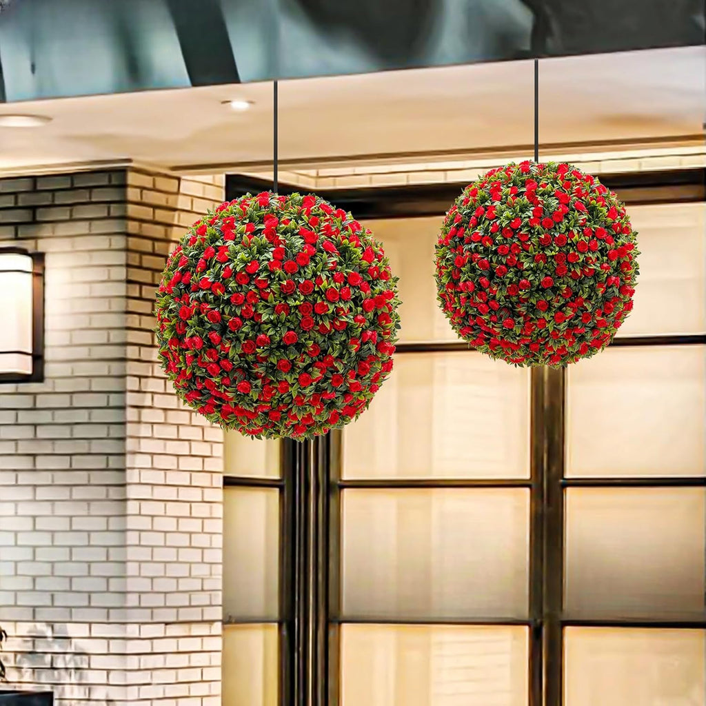 21 Inch Artificial Topiary Balls Set of 2, Artificial Topiary Flower Balls with Chains and Zip Tiles,Hanging Rose Flower Balls for Home Decor,Wedding, Office,Red