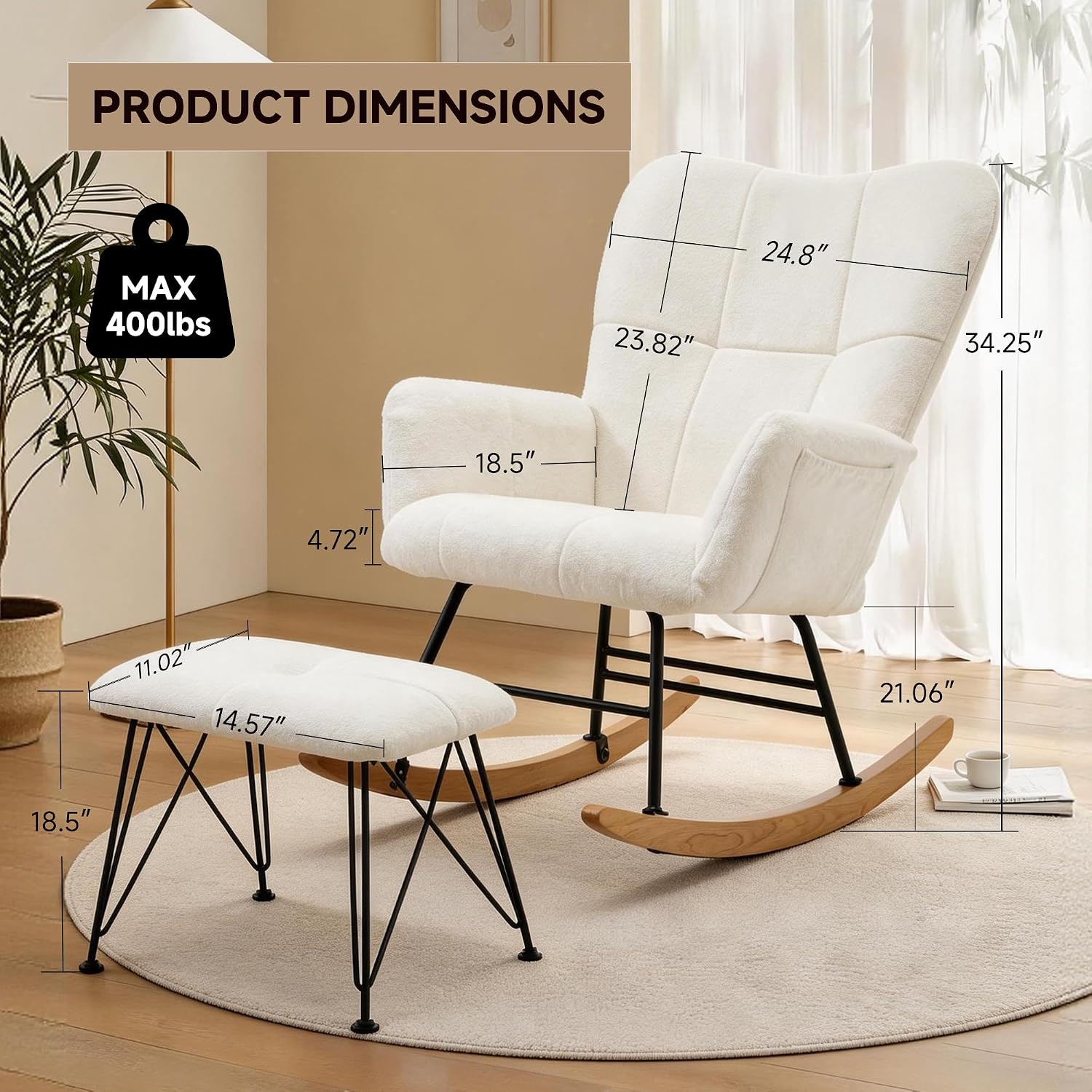 KEEZY Rocking Chair Nursery with Footrest,Upholstered Glider Rocker,Rocking Accent Chair with Padded Seat with High Backrest,Reading Chair,Armchair Comfy Side Chair for Living Room Bedroom (Beige)