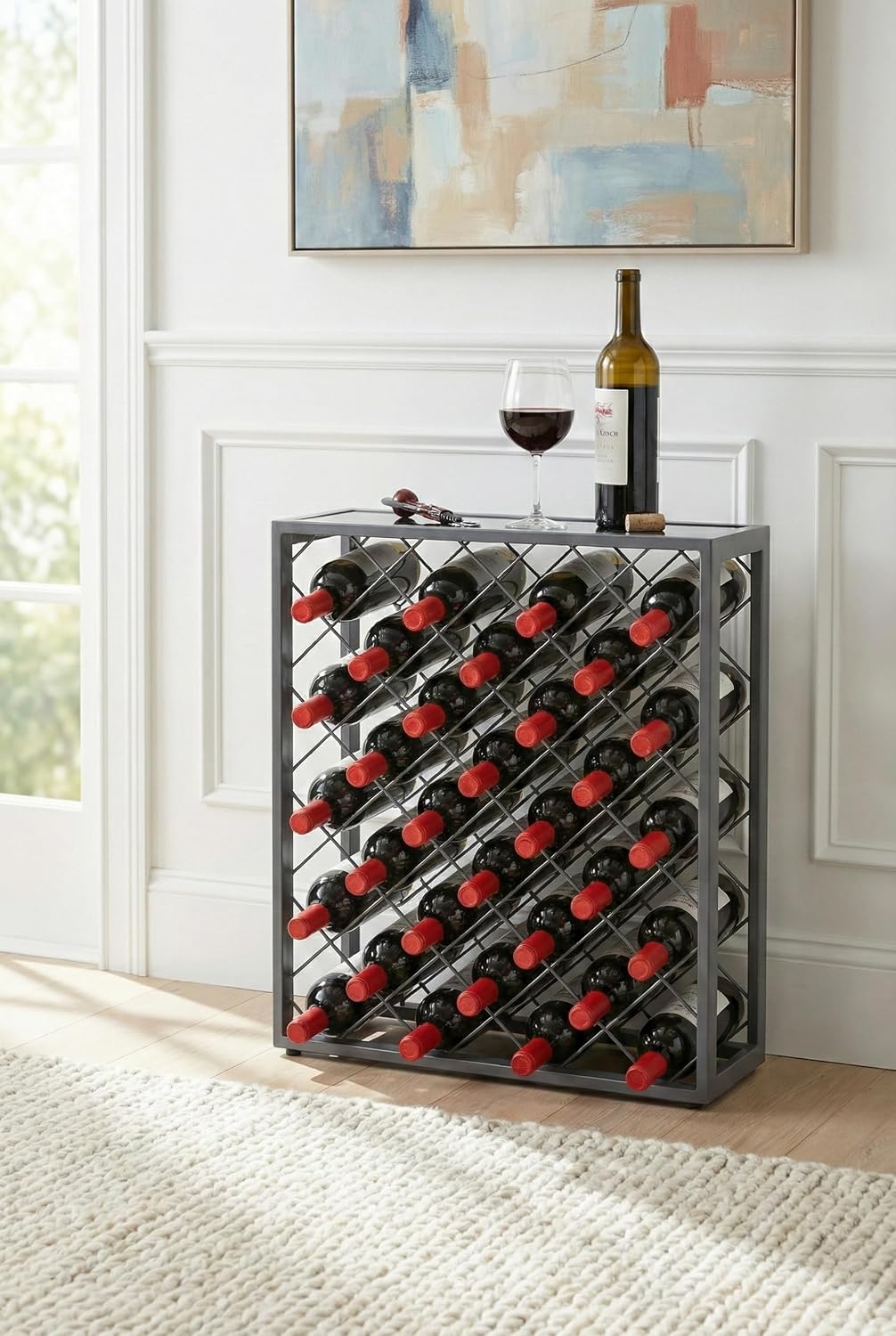 Mango Steam 32 Bottle Gray Wine Rack with Gray Glass Top Shelf, Free Standing for Home, Kitchen and Bar