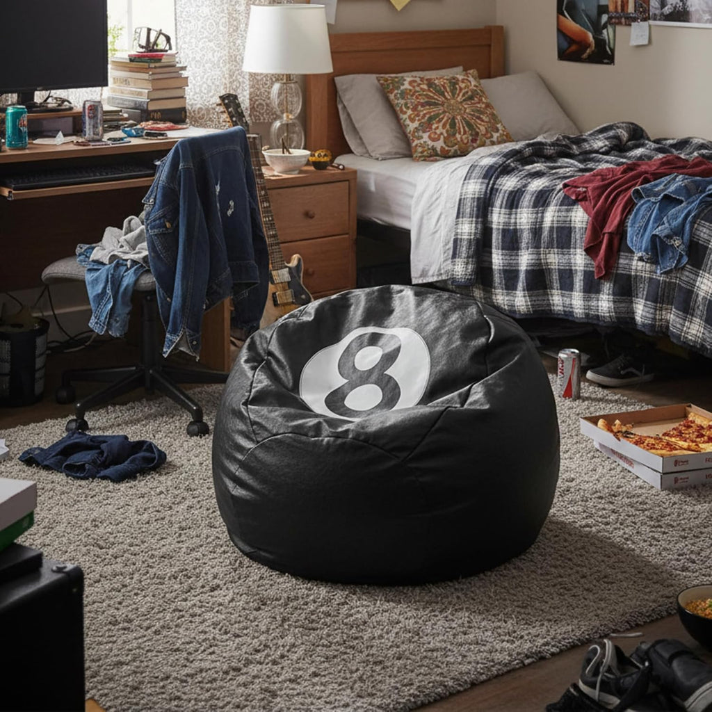 AceOrbit 8 Ball Bean Bag Chair Cover, Prize Gift Plush Toys Organizer, Black PU Leather 8 Ball Stuffed Animal Storage Bean Bag, Billiard Decor for Game Home Dorm Room Living Room (No Filling)