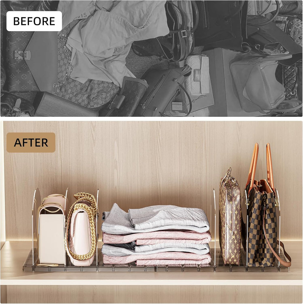 JOYZAN Purse Organizer for Closet, Adjustable Shelf Dividers for Closet Organizer Clear Acrylic Closet Purse Organizer Detachable Handbag Storage Separator Dividers for Home, Office - 4 Pack