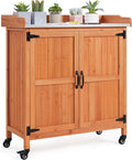 Topeakmart Potting Bench Table - Wooden Storage Cabinet with Removable Shelf & Flexible Space & Metal-Plated Tabletop for Outdoor Garden Patio,Brown