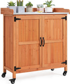 Topeakmart Potting Bench Table - Wooden Storage Cabinet with Removable Shelf & Flexible Space & Metal-Plated Tabletop for Outdoor Garden Patio,Brown