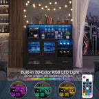 Wine Bar Cabinet with LED Lights Power Outlet Liquor for Home Black | Storage drawer, glass holders, wine racks, adjustable shelves, acrylic door, P2 MDF, for living room kitchen, modern design