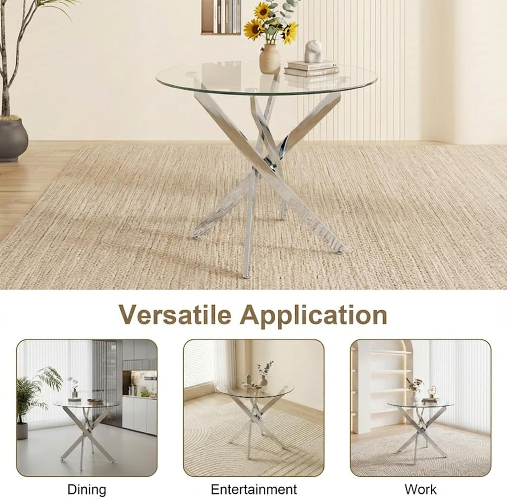 35" Round Glass Dining Table Set for 4, Modern Glass Dining Table Set with Velvet Woven Chairs, Beautiful 5-Pieces Furniture Set Suitable for Dining Room, Kitchen, Apartment and Home, Silver & Grey