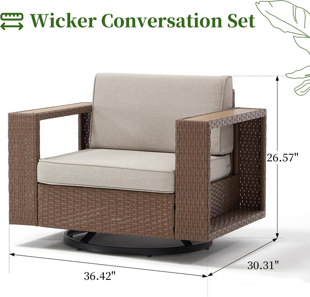 Bonzy Home Wicker Patio Chair, 360° Swivel Rattan Outdoor Patio Chairs with Extra-Thick Soft Cushions and Widened Armrest for Porch, Garden Poolside Balcony