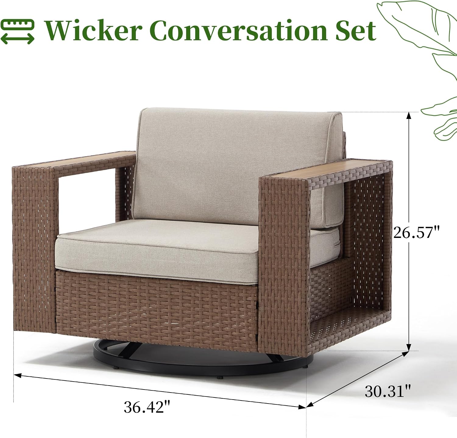 Bonzy Home Wicker Patio Chair, 360° Swivel Rattan Outdoor Patio Chairs with Extra-Thick Soft Cushions and Widened Armrest for Porch, Garden Poolside Balcony