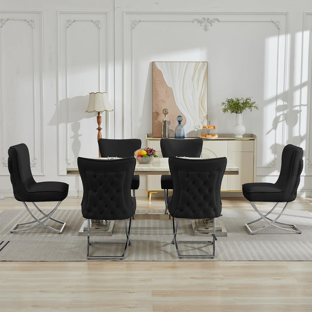 LOULENS Elegance Velvet Dining Chairs Set of 2, Luxurious Upholstered Tufted Dining Room Chairs, Glam Royal Velvet Accent Chairs with Stainless Steel Legs, Black