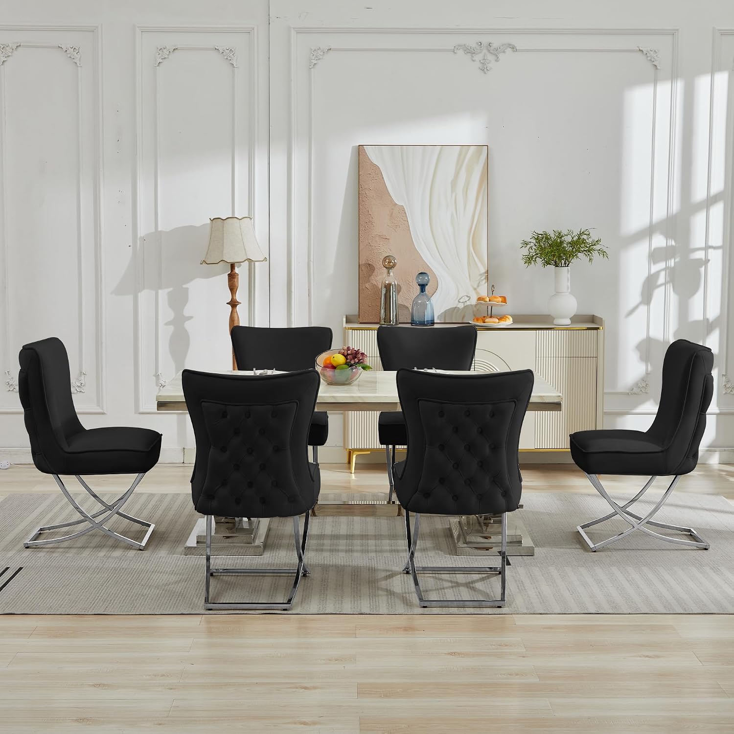 LOULENS Elegance Velvet Dining Chairs Set of 2, Luxurious Upholstered Tufted Dining Room Chairs, Glam Royal Velvet Accent Chairs with Stainless Steel Legs, Black