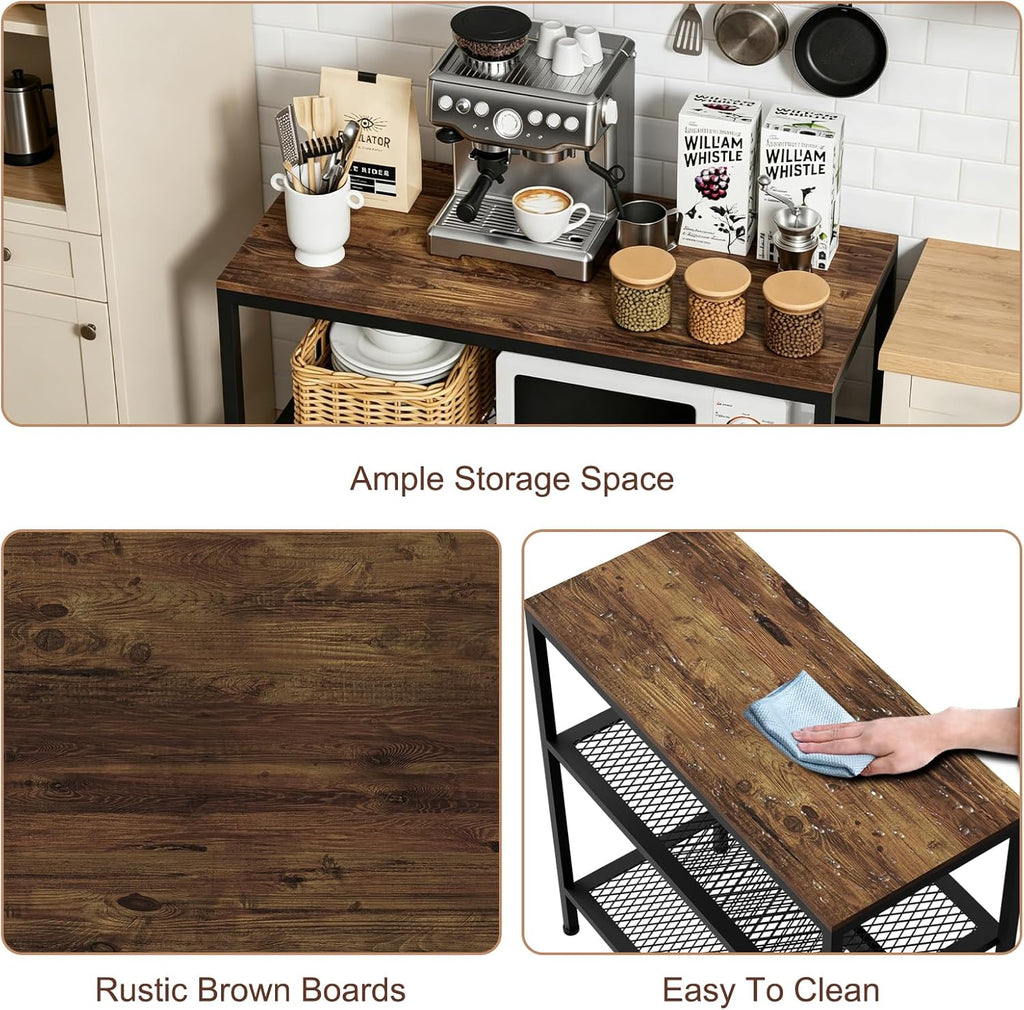 Kitchen Island with 3 Tier Storage, Height-Adjustable Kitchen Shelf, Microwave Stand for Dining, Sturdy Metal Frame, 30.7" L x 13.77" D x 31.51" H,Rustic Brown and Black