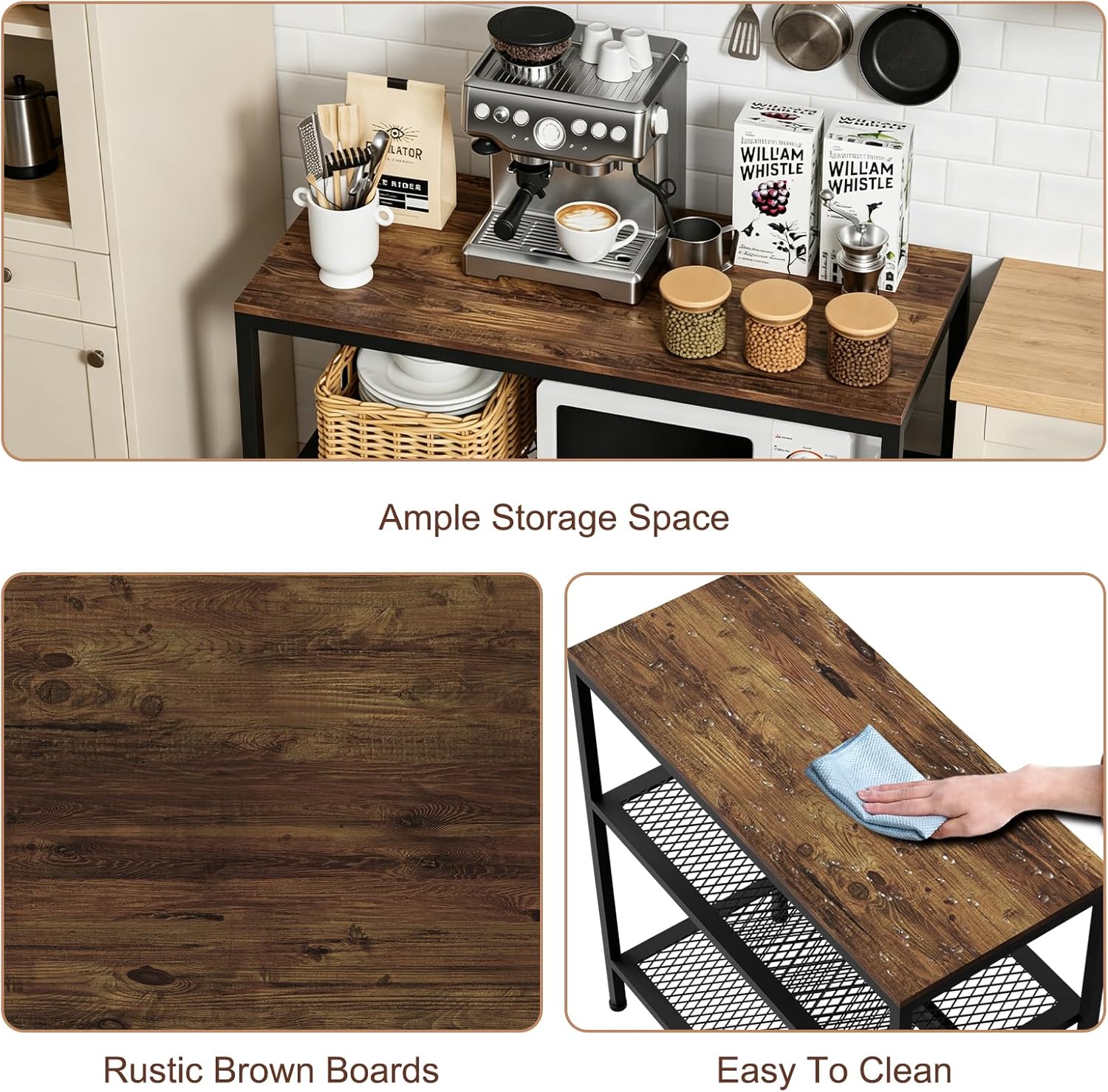 Kitchen Island with 3 Tier Storage, Height-Adjustable Kitchen Shelf, Microwave Stand for Dining, Sturdy Metal Frame, 30.7" L x 13.77" D x 31.51" H,Rustic Brown and Black