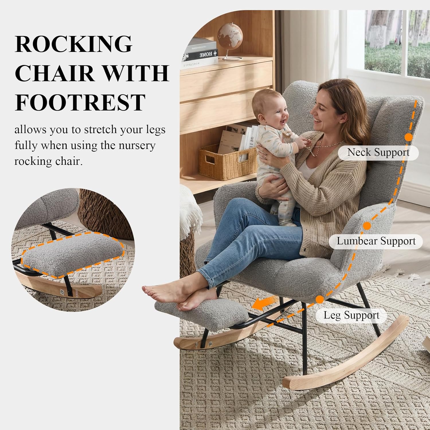 Nursery Rocking Chair with Footrest, Teddy Upholstered Glider Rocker with Side Pocket, Leisure Rocker Chair with High Back, Recliner Rocking Chair, Accent Reading Chair for Bedroom (Grey)