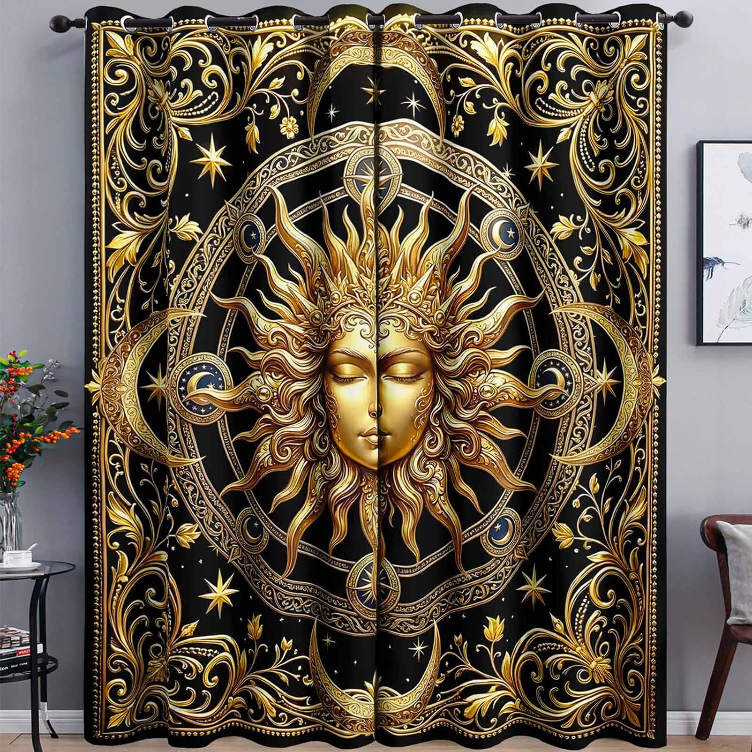 AILONEN Black Gold Sun Curtains W38 x L54 Inch Vintage Celestial Tarot Drapes Light Filtering Microfiber Window Treatments for Bedroom Living Room Mystical Boho Mandala 2 Pieces Coverings