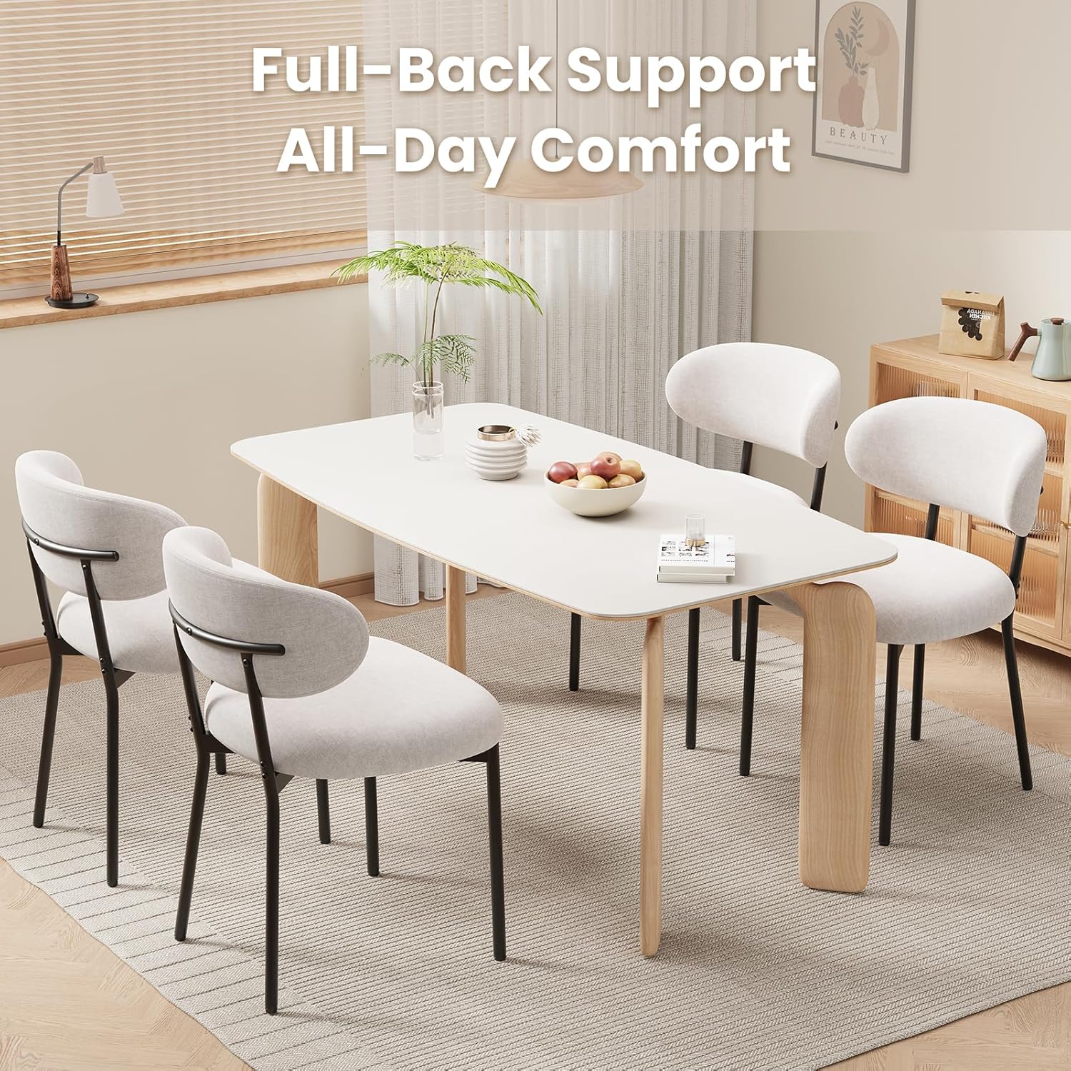 Upholstered Dining Chairs Set of 4, Modern Fabric Kitchen Chairs with Curved Backrest and Cushioned Seat, Sturdy Metal Legs, Modern Dining Chairs for Kitchen Dining Room, Living Room,Beige