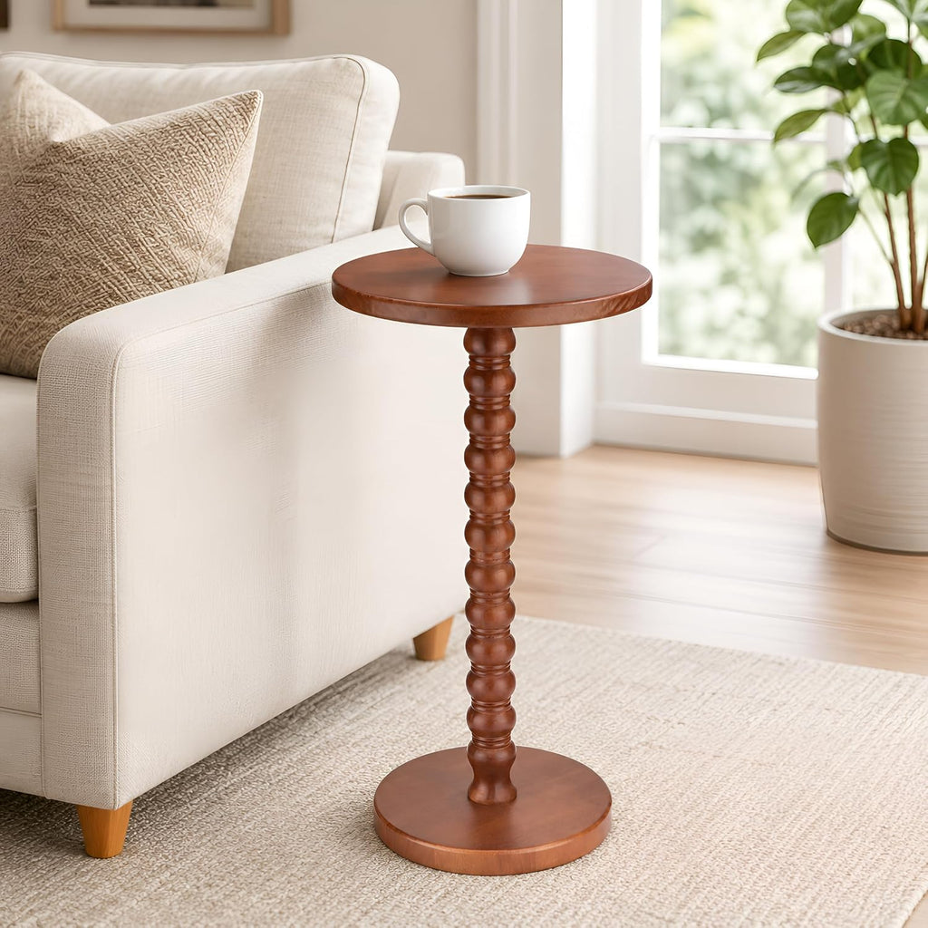 Solid Wood Round Side Table, Rustic Pedestal Drink Table for Small Spaces, Accent Nightstand Table for Living Room, Bedroom, Corners, and Office, Brown