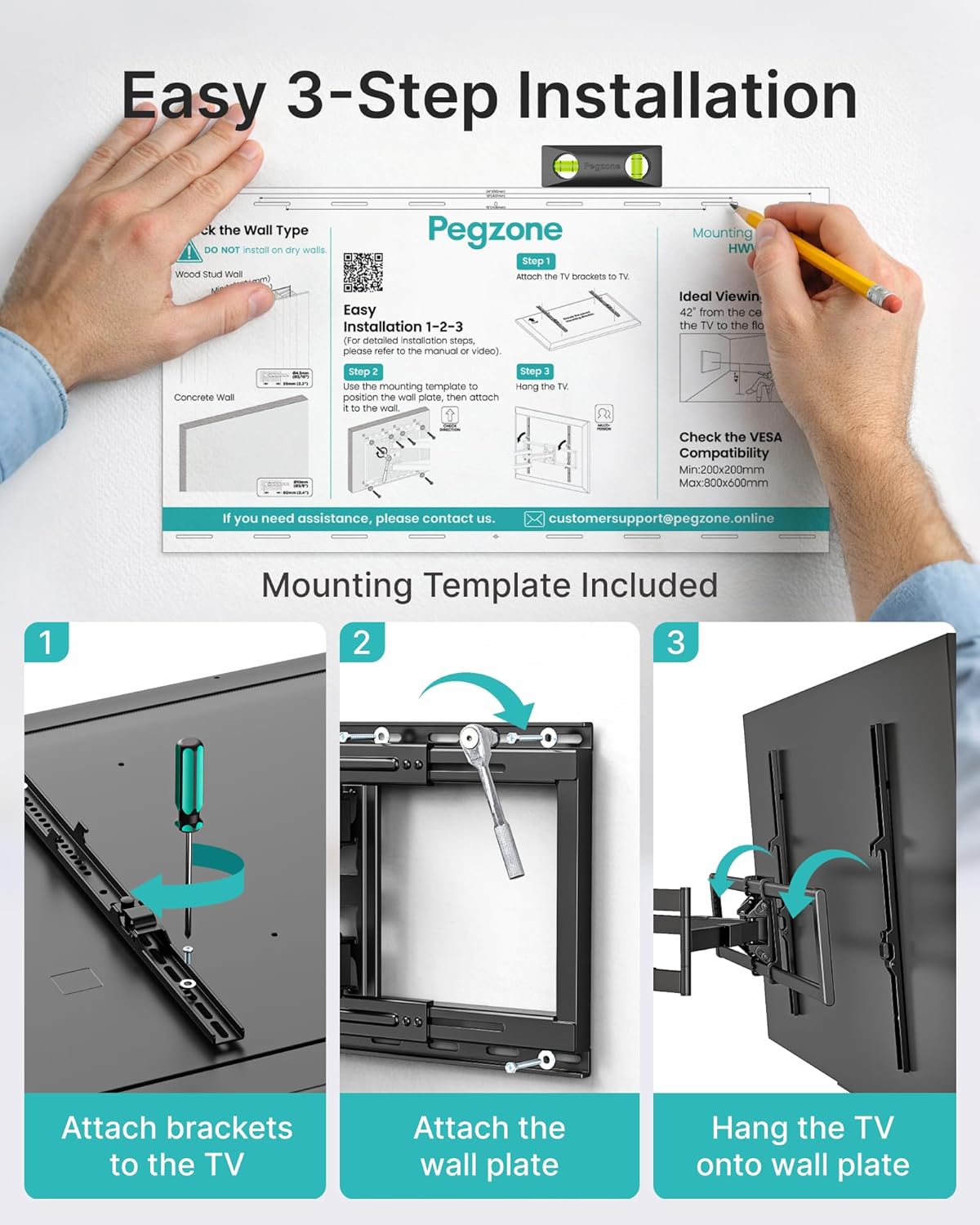 Pegzone Full Motion TV Wall Mount for 43-100 Inch TVs up to 176lbs, 25.2" Extension, Swivel Heavy Duty TV Bracket, Sliding Dual Arms for Off-Center Studs, Fits 16"/ 18" /24" Wood Studs, VESA 800x600