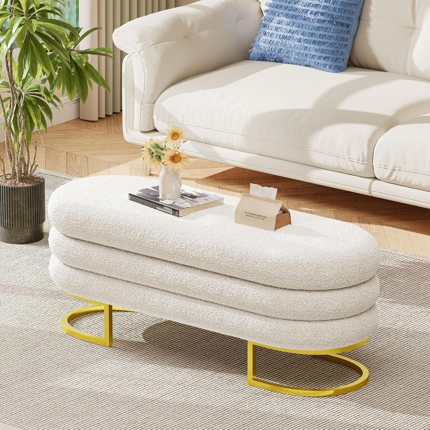 Halitaa 48.82" Storage Ottoman Bench, Large Oval Ottoman with Padded Blanket and Chest Aesthetic Upholstered Fabric Storage Bench Shoe Seat with Golden Metal Leg for Bedroom, Entryway, Living Room