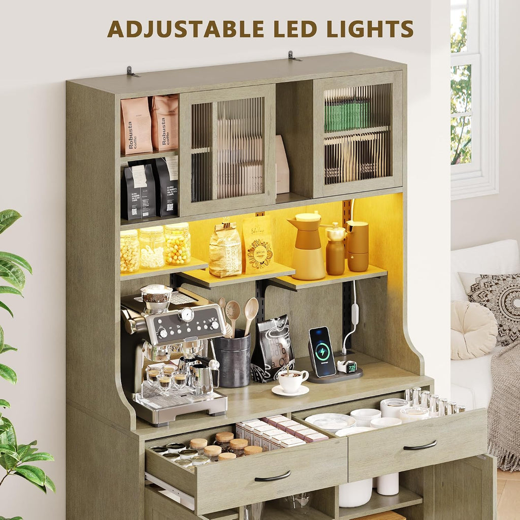 Einhomn 71" Kitchen Pantry Cabinet with UL Charging Station, 3 Adjustable Shelves, App-Dimmable LED Light, Wine Rack, Farmhouse Style, Buffet Cabinet for Kitchen/Dining/Living, Natural Wood